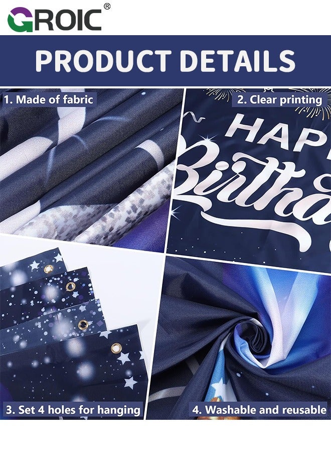 Birthday Backdrop Banner, Large Blue Silver Balloon Star Fireworks Party Sign Poster Photo Booth Backdrop,Birthday Party Decorations,Cake Table Banner Supplies,Party Supplies