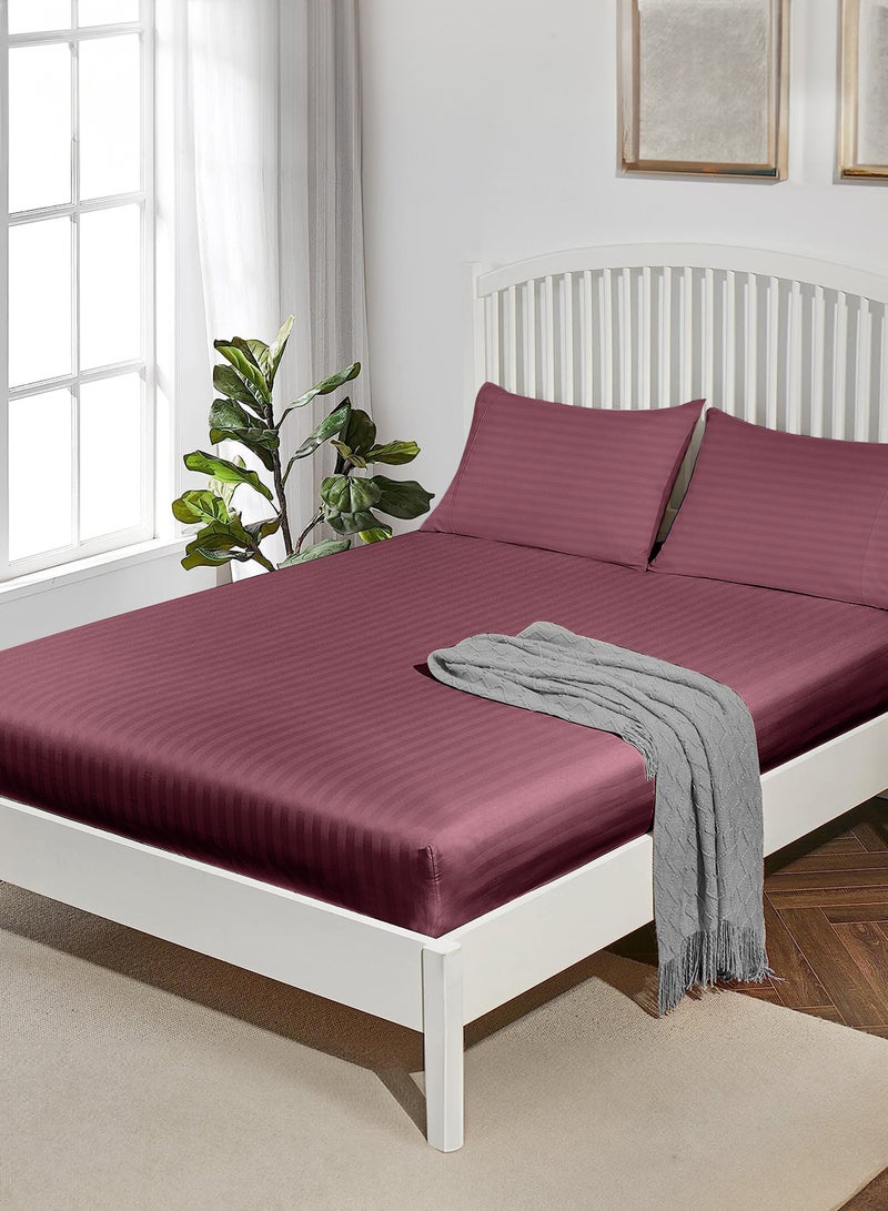Double Striped Fitted Sheet with 2 Pillow Case 160 x 200 Cm Maroon