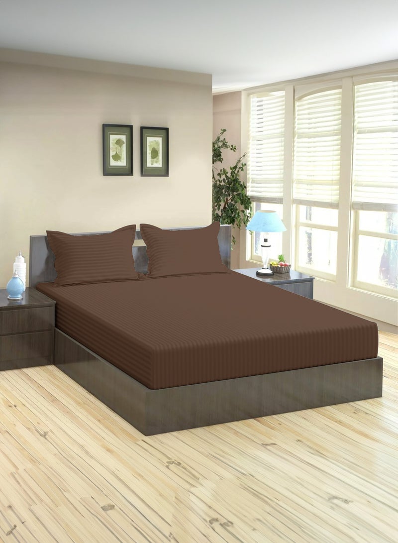 Queen Striped Fitted Sheet with 2 Pillow Case 180 x 200 Cm Coffee Brown