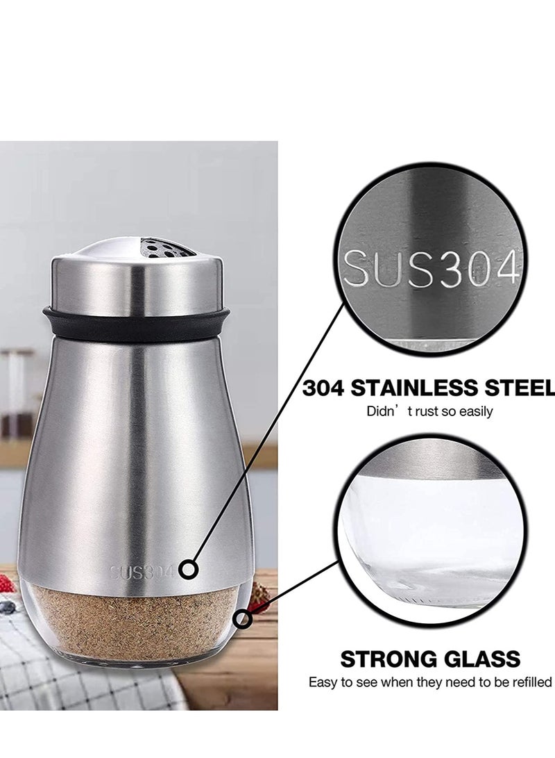 Salt and Pepper Shakers Set - Shaker with Adjustable Pour Holes - 304 Stainless Steel Glass Spice Dispenser Refillable Perfect for Black, Kosher, and Sea Salts - Seasoning 2pcs