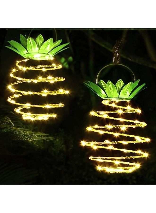2 Pack of 60 Solar Pineapple Lighting Lanterns, Metal Pineapple Solar Powered Lanterns for Garden, Waterproof Outdoor Hanging Lanterns, Home Decorative for Patio, Yard, Porch, Path