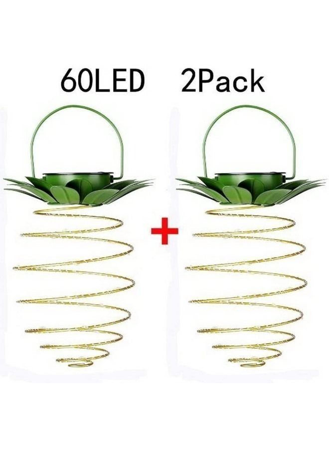 2 Pack of 60 Solar Pineapple Lighting Lanterns, Metal Pineapple Solar Powered Lanterns for Garden, Waterproof Outdoor Hanging Lanterns, Home Decorative for Patio, Yard, Porch, Path