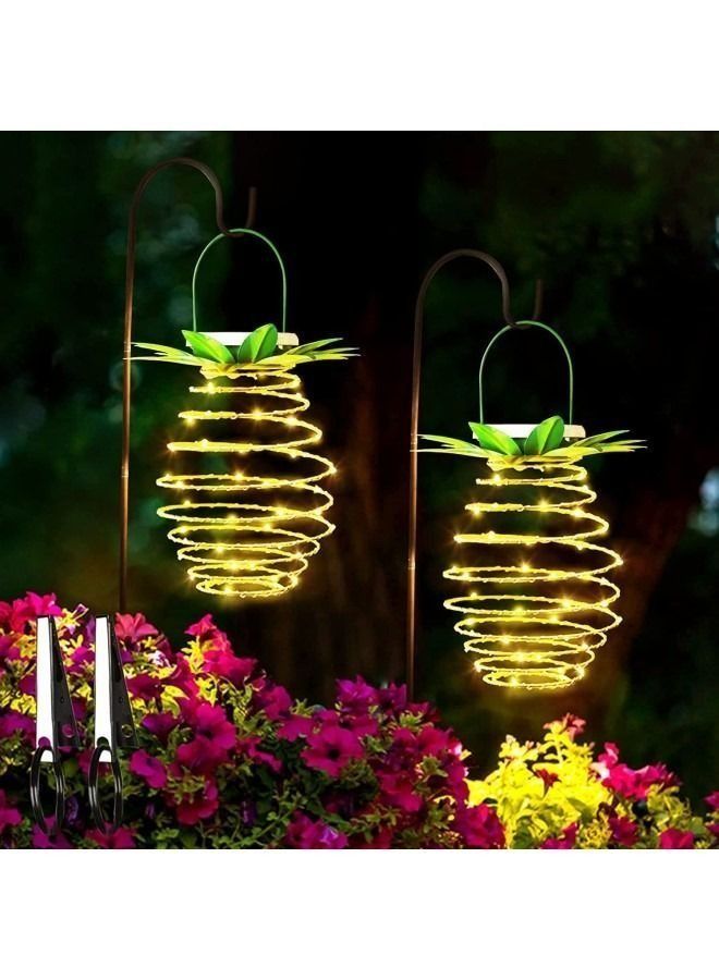 2 Pack of 60 Solar Pineapple Lighting Lanterns, Metal Pineapple Solar Powered Lanterns for Garden, Waterproof Outdoor Hanging Lanterns, Home Decorative for Patio, Yard, Porch, Path