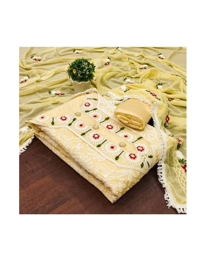 Women’s Heavy Chanderi Cotton Embroidery Unstitched Salwar Suit with Nazmin Work Dupatta