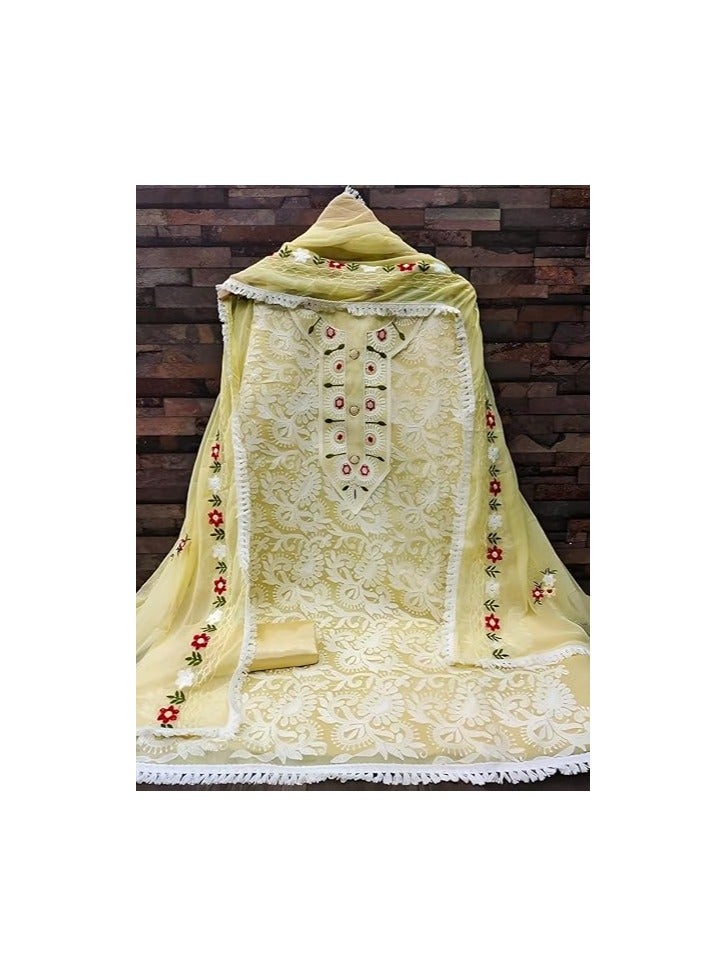 Women’s Heavy Chanderi Cotton Embroidery Unstitched Salwar Suit with Nazmin Work Dupatta