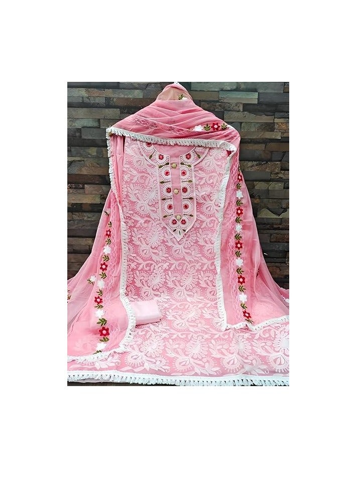Women’s Heavy Chanderi Cotton Embroidery Unstitched Salwar Suit with Nazmin Work Dupatta