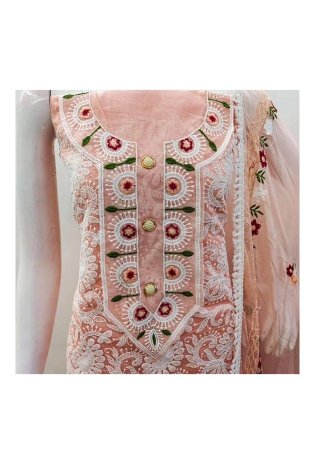 Women’s Heavy Chanderi Cotton Embroidery Unstitched Salwar Suit with Nazmin Work Dupatta