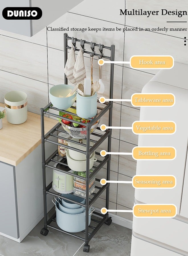 5 Tier Kitchen Storage Shelf Organizer with Top Hooks, Movable Multifunctional Storage Rack, for Laundry Bathroom Kitchen Garage Pantry Organization