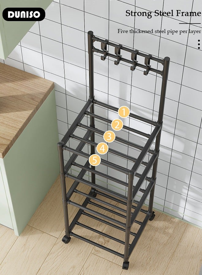 5 Tier Kitchen Storage Shelf Organizer with Top Hooks, Movable Multifunctional Storage Rack, for Laundry Bathroom Kitchen Garage Pantry Organization