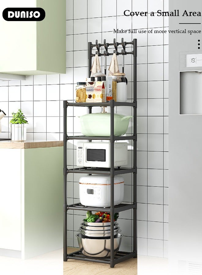 5 Tier Kitchen Storage Shelf Organizer with Top Hooks, Movable Multifunctional Storage Rack, for Laundry Bathroom Kitchen Garage Pantry Organization