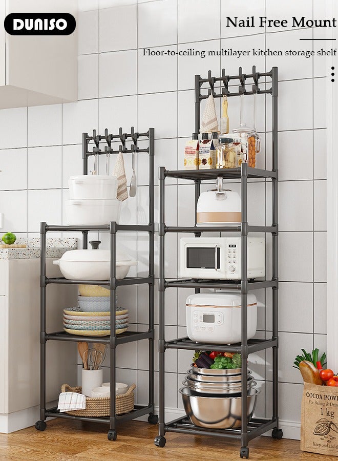 5 Tier Kitchen Storage Shelf Organizer with Top Hooks, Movable Multifunctional Storage Rack, for Laundry Bathroom Kitchen Garage Pantry Organization