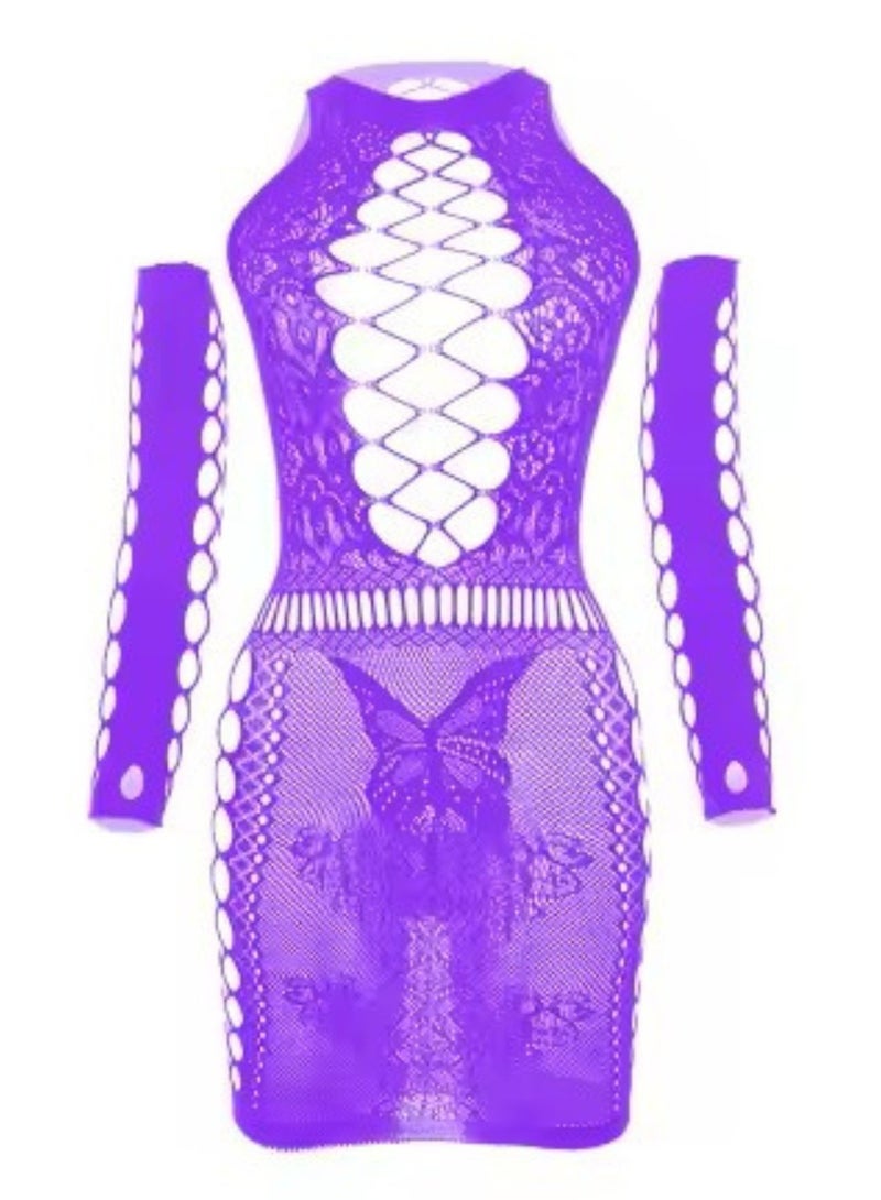 Remy Belle Women Purple Fishnet Long Sleeve Bodystocking (Purple, One size)