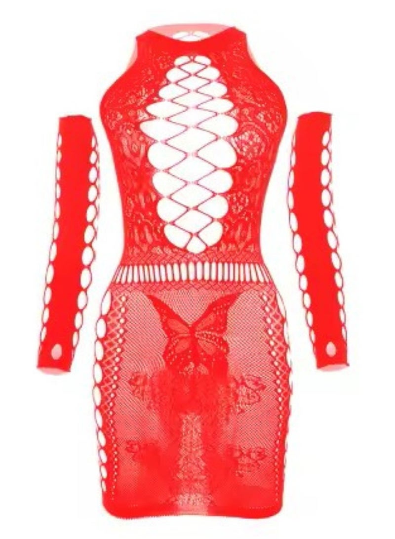 Remy Belle Women Red Fishnet Long Sleeve Bodystocking One Size Bodysuit (Red, One size)