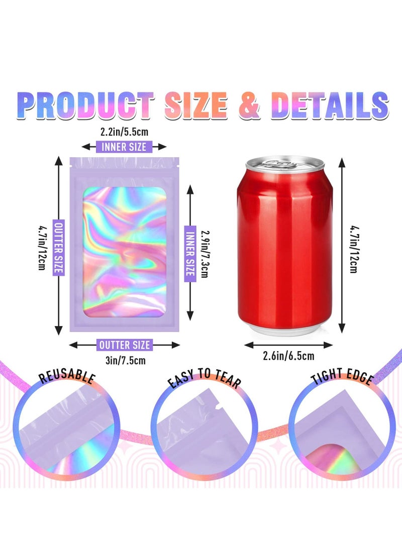 SYOSI Smell Proof Bag, 100 Pack Gradient Color Holographic Bags, Holographic Zipper Packaging Bags, Jewelry Sample Bags with Clear Window, Resealable Mylar Bags for Eyelash Jewelry Food, 7.5x12cm