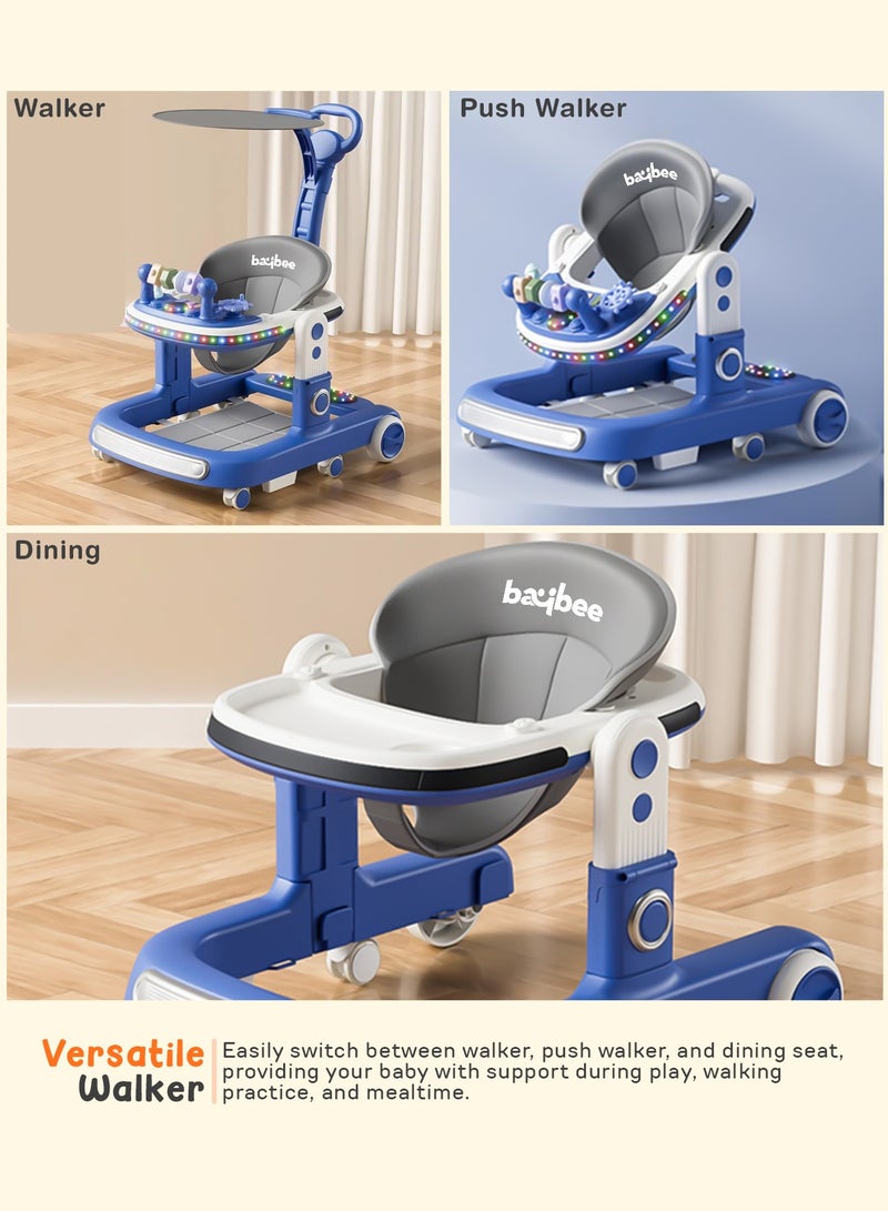 2 in 1 Baby Walker for Kids, Baby Push Walker with Adjustable Height, Footmat, Canopy, Foldable Kids Walker with Tray, Musical Toy & Light Toddler Walker for Baby 6-18 Months Boy Girl Blue