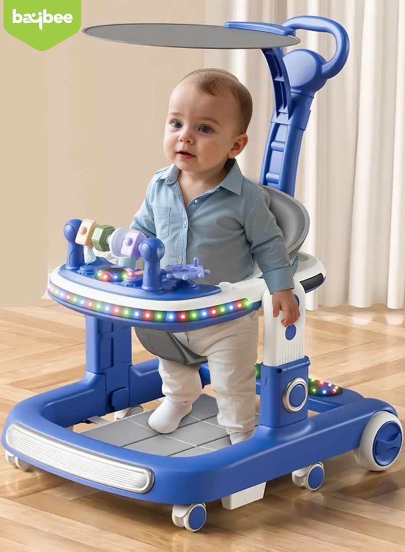 2 in 1 Baby Walker for Kids, Baby Push Walker with Adjustable Height, Footmat, Canopy, Foldable Kids Walker with Tray, Musical Toy & Light Toddler Walker for Baby 6-18 Months Boy Girl Blue