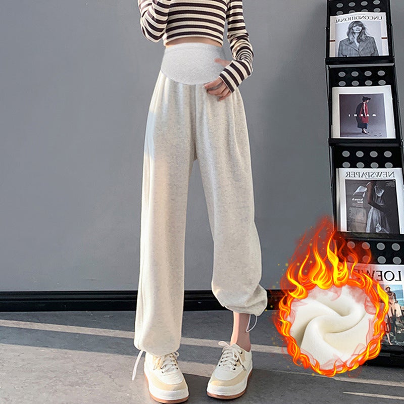 Pregnant Womens Pants Spring and Autumn Outer Wear Large Size Straight Wide Leg Pants Womens Spring Wear Spring Casual Sports Leggings Autumn and WinterDrawstring-white gray (plus Velvet) Drawstring-white gray (plus Velvet)