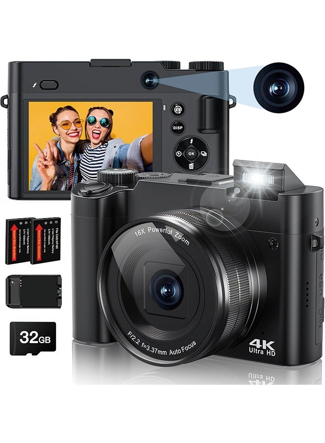 4K Digital Camera, 64MP Rear and Front Camera for Photography and Video Autofocus Anti-Shake, 3'' Selfie Flip Vlogging Camera with Ultra Bright Flash, Camera with Dial 16X Zoom (2 Batteries+Charger)