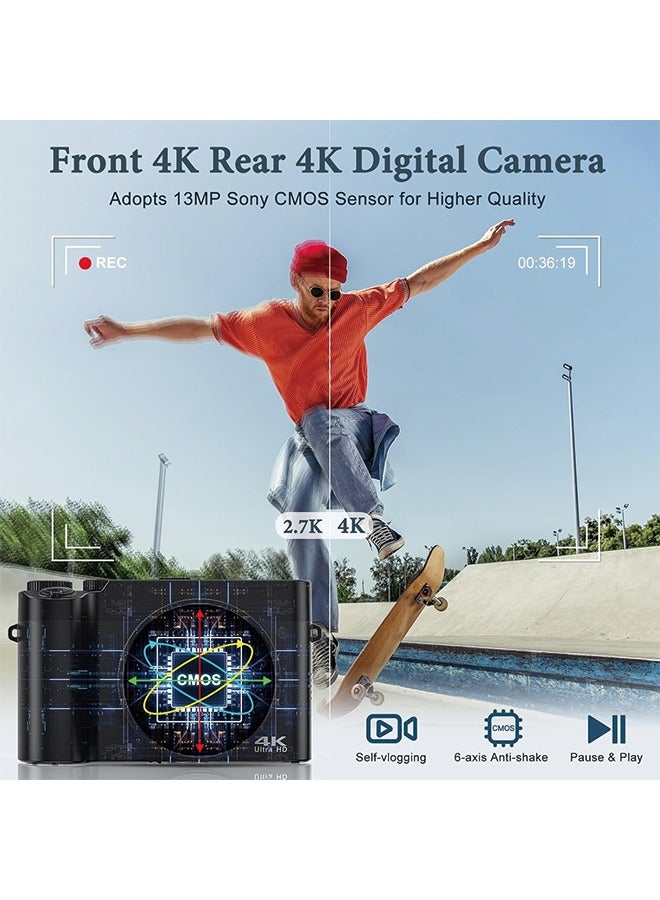 4K Digital Camera, 64MP Rear and Front Camera for Photography and Video Autofocus Anti-Shake, 3'' Selfie Flip Vlogging Camera with Ultra Bright Flash, Camera with Dial 16X Zoom (2 Batteries+Charger)