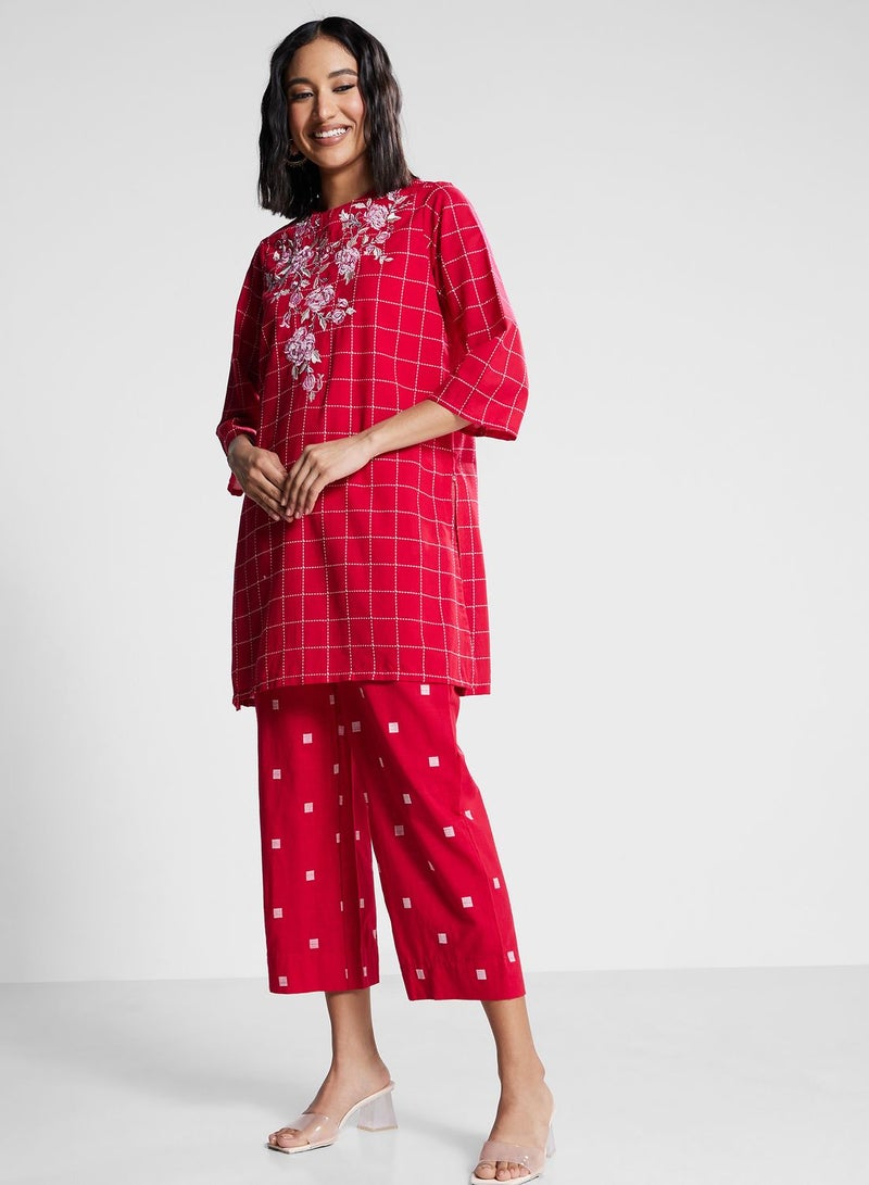 Crew Neck Floral Kurti & Pants Set