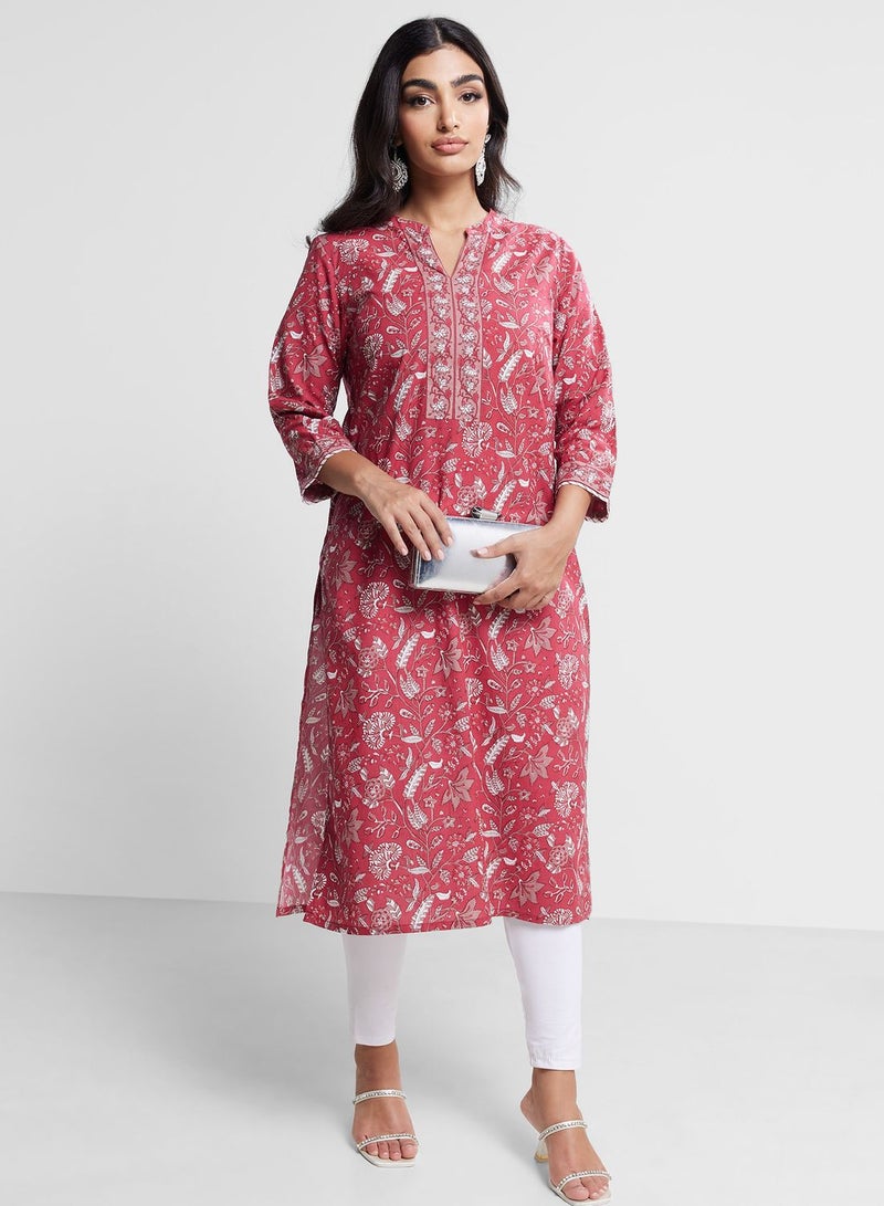 V-Neck Floral Print 2Pc Kurta Set