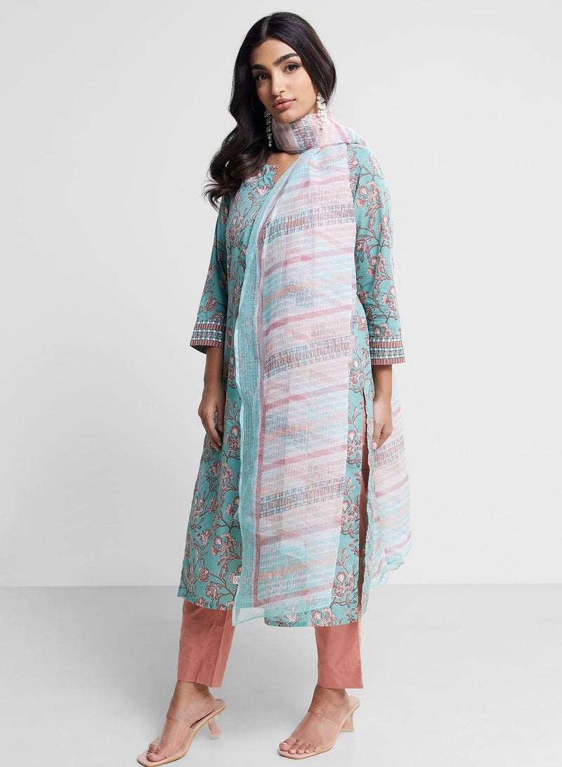 V-Neck Floral Print 2Pc Kurta Set