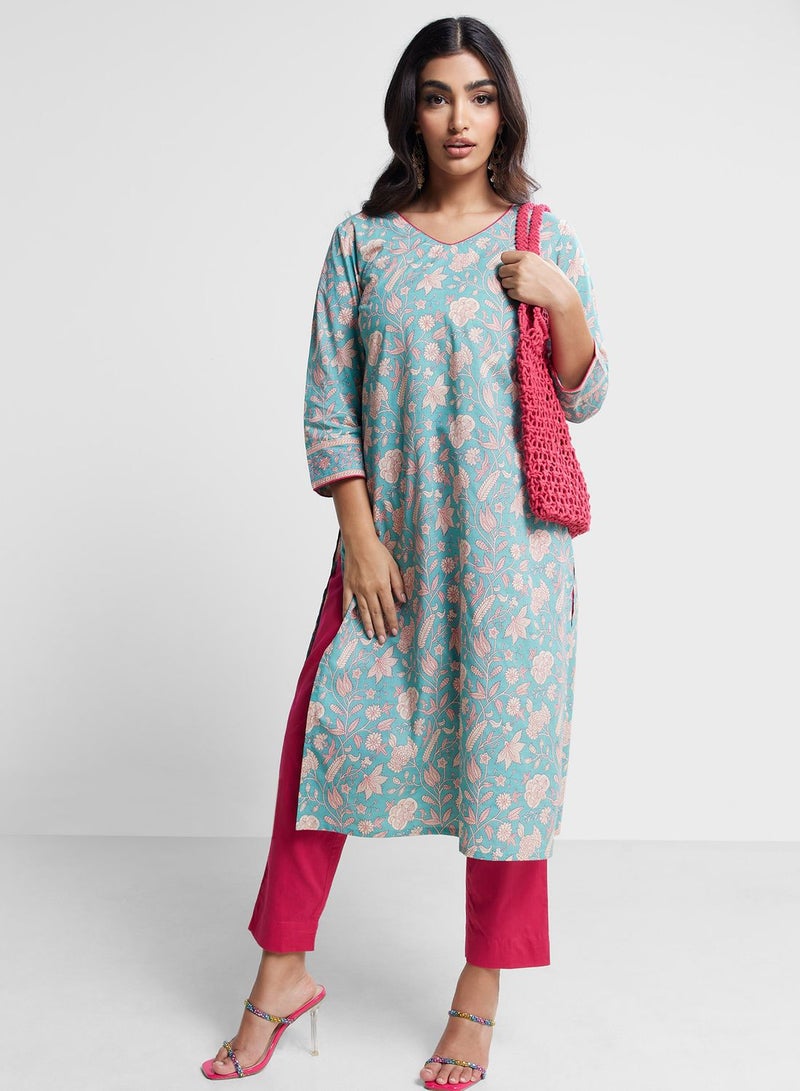 V-Neck Floral Print Kurta & Pant Set