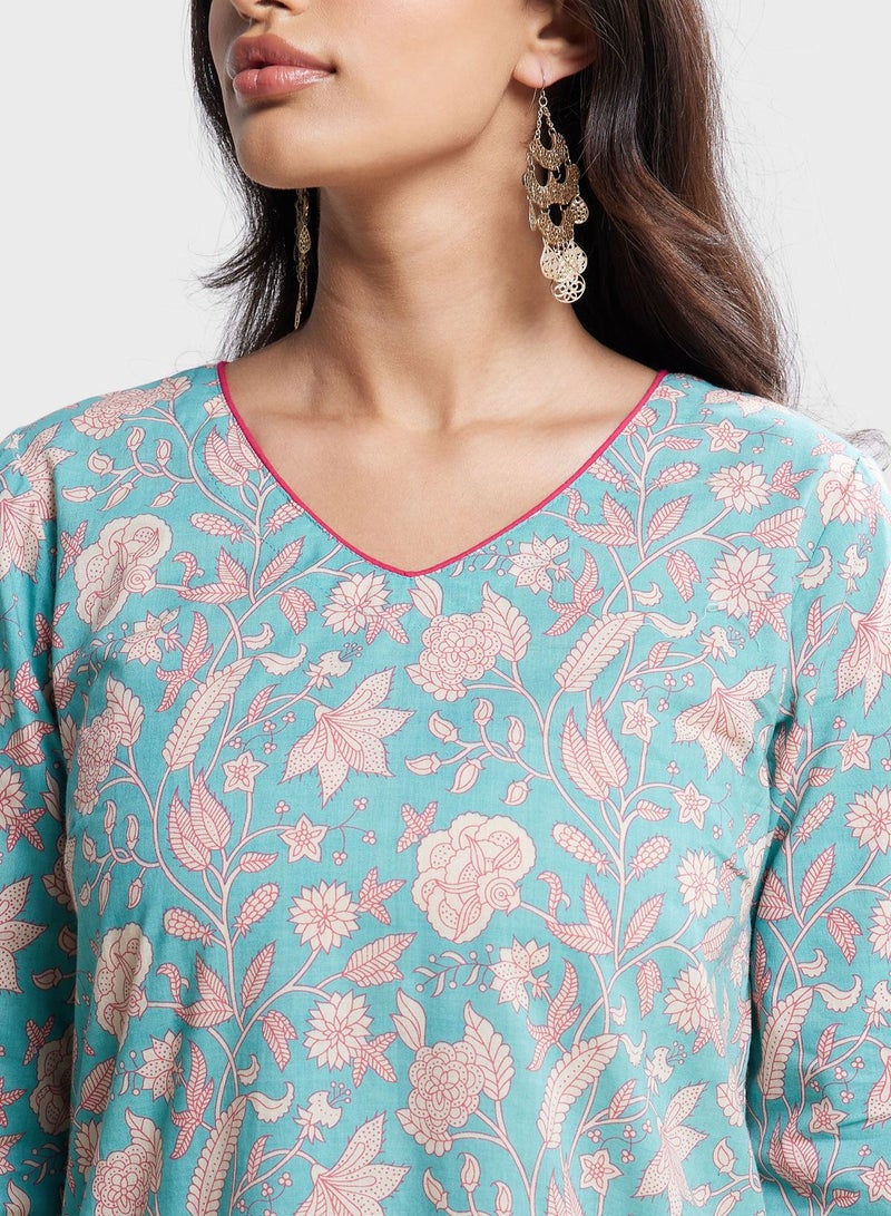 V-Neck Floral Print Kurta & Pant Set