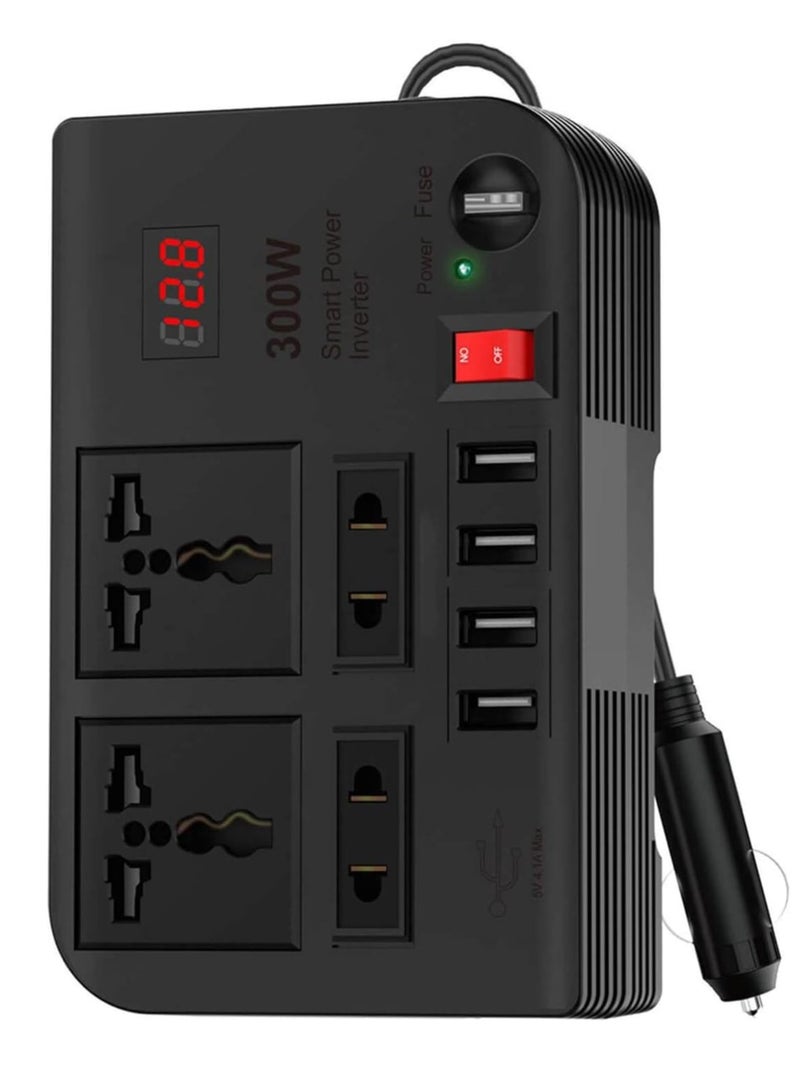 300W Car Power Inverter DC 12V/24V to 220V AC with 4 USB Ports Fast Charging with 2 Universal Sockets with Multifunctional LED Display Photovoltaic Inverter