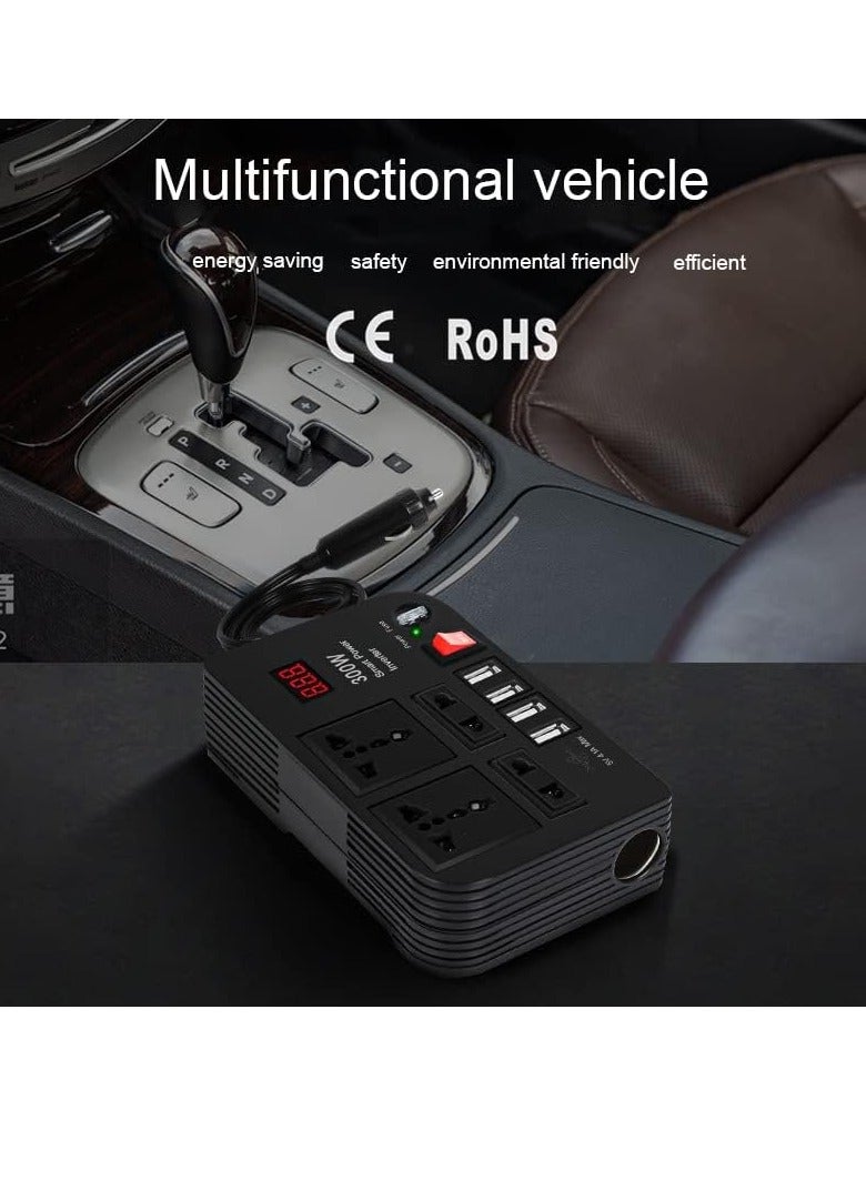 300W Car Power Inverter DC 12V/24V to 220V AC with 4 USB Ports Fast Charging with 2 Universal Sockets with Multifunctional LED Display Photovoltaic Inverter