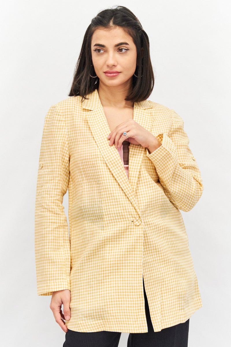 Women Regular Fit Gingham Check Blazer, Mustard/White