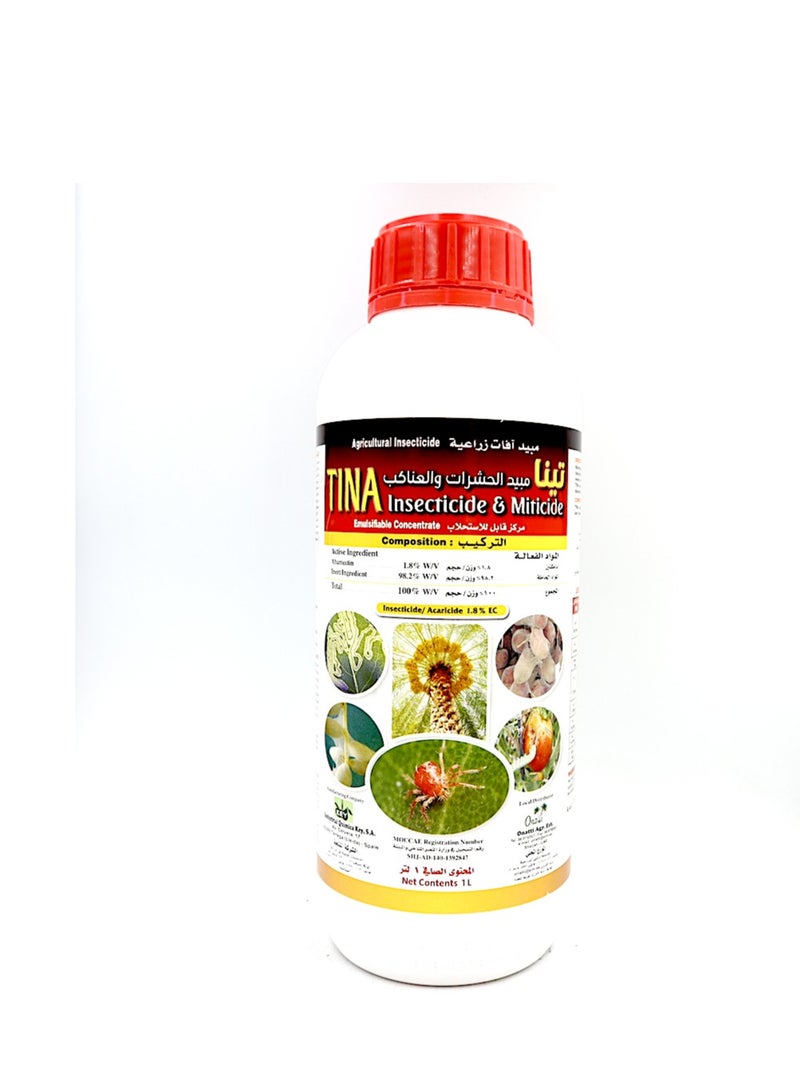 TINA Insecticide Miticide Acaricide 1L is a Highly Effective Solution Containing 1.8% Abamectin Designed for the Control of a Wide Range of Pests Including Insects Mites and other Arthropods.