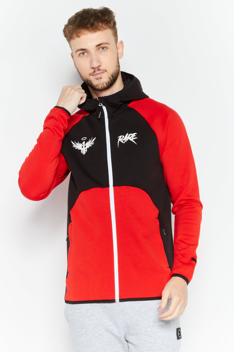 Men Sportswear Fit Long Sleeve Outdoor Hooded Jacket, Red/Black