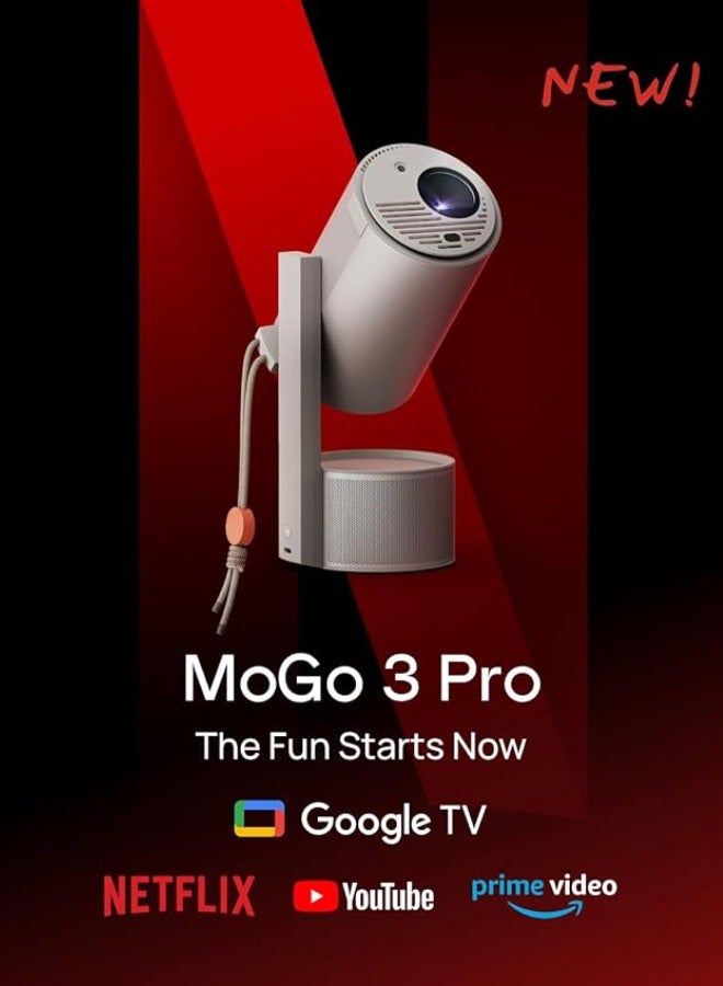 MoGo 3 Pro Outdoor Projector with PowerBase Stand, 2.5hrs Battery, Google TV with Licensed Netflix, Build-in Adjustable Stand, 450 ISO Lumens, ISA 2.0, 2 x 5W Harman Kardon