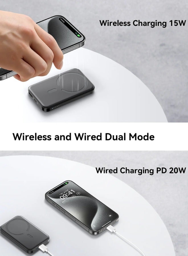 5000 mAh Mini 20w Power Bank Boost Charge Magnetic Wireless, Magsafe, Battery Pack For iPhone 15, 14, 13, 12 Series Black