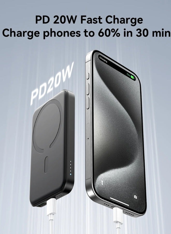 5000 mAh Mini 20w Power Bank Boost Charge Magnetic Wireless, Magsafe, Battery Pack For iPhone 15, 14, 13, 12 Series Black