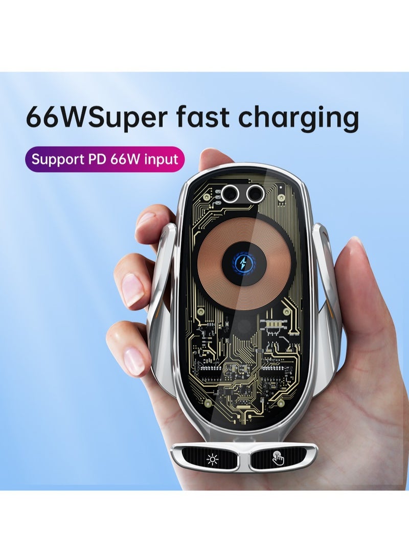 66w Transparent Retractable Car Charger Magnetic Wireless Smart Car Wireless Charger Phone Holder Silver