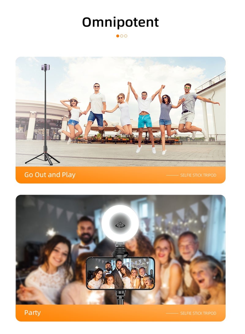 All-in-One Hidden Design Multi-Functional Stable Tripod Selfie Stick  1.83m（72.05inch）with Rechargeable Bluetooth Remote, Compatible with iPhone and Android Smartphones, Perfect for Travel, Vlog, Video and Photo