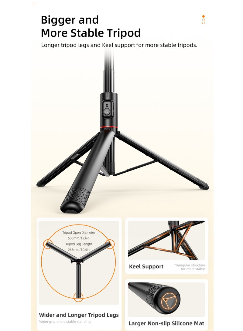 All-in-One Hidden Design Multi-Functional Stable Tripod Selfie Stick  1.83m（72.05inch）with Rechargeable Bluetooth Remote, Compatible with iPhone and Android Smartphones, Perfect for Travel, Vlog, Video and Photo