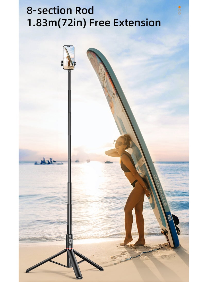 All-in-One Hidden Design Multi-Functional Stable Tripod Selfie Stick  1.83m（72.05inch）with Rechargeable Bluetooth Remote, Compatible with iPhone and Android Smartphones, Perfect for Travel, Vlog, Video and Photo