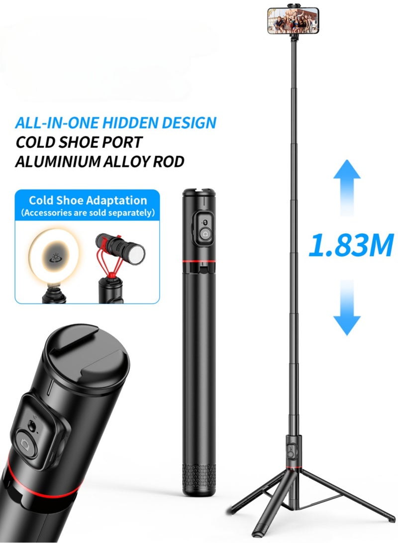 All-in-One Hidden Design Multi-Functional Stable Tripod Selfie Stick  1.83m（72.05inch）with Rechargeable Bluetooth Remote, Compatible with iPhone and Android Smartphones, Perfect for Travel, Vlog, Video and Photo