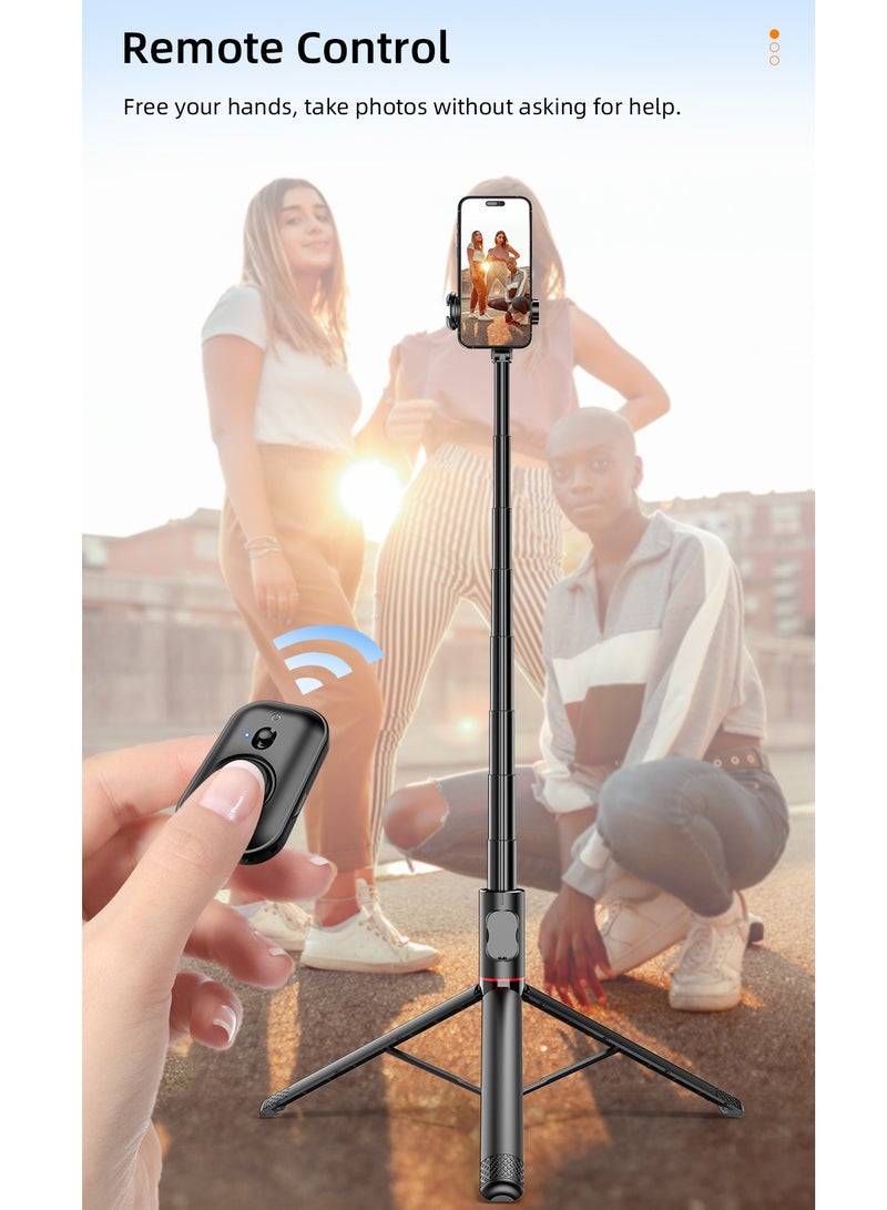 All-in-One Hidden Design Multi-Functional Stable Tripod Selfie Stick  1.83m（72.05inch）with Rechargeable Bluetooth Remote, Compatible with iPhone and Android Smartphones, Perfect for Travel, Vlog, Video and Photo