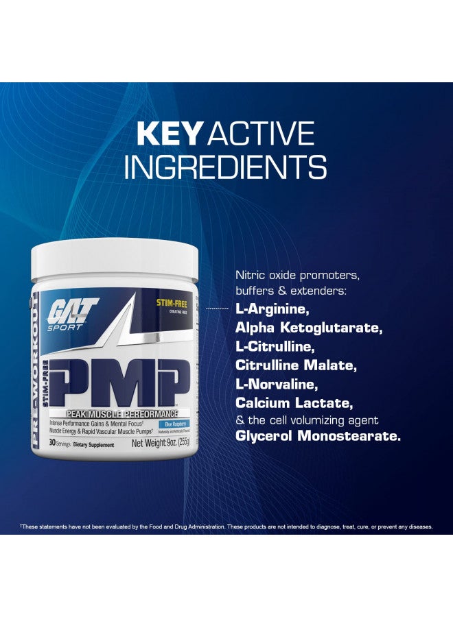 GAT Sport PMP (Peak Muscle Performance), Pre-Workout, 30 Servings (Blue Raspberry (Stim-Free))