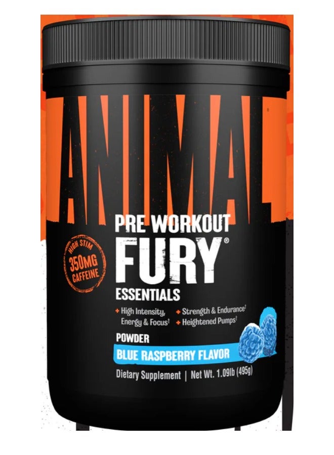 Animal Fury Pre Workout Powder Energy And Focus Supplement With 5G Bcaa Blue Raspberry Flavor, 30 Servings