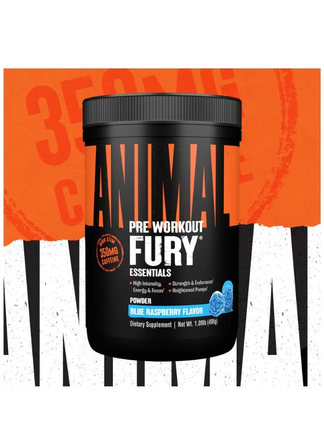 Animal Fury Pre Workout Powder Energy And Focus Supplement With 5G Bcaa Blue Raspberry Flavor, 30 Servings