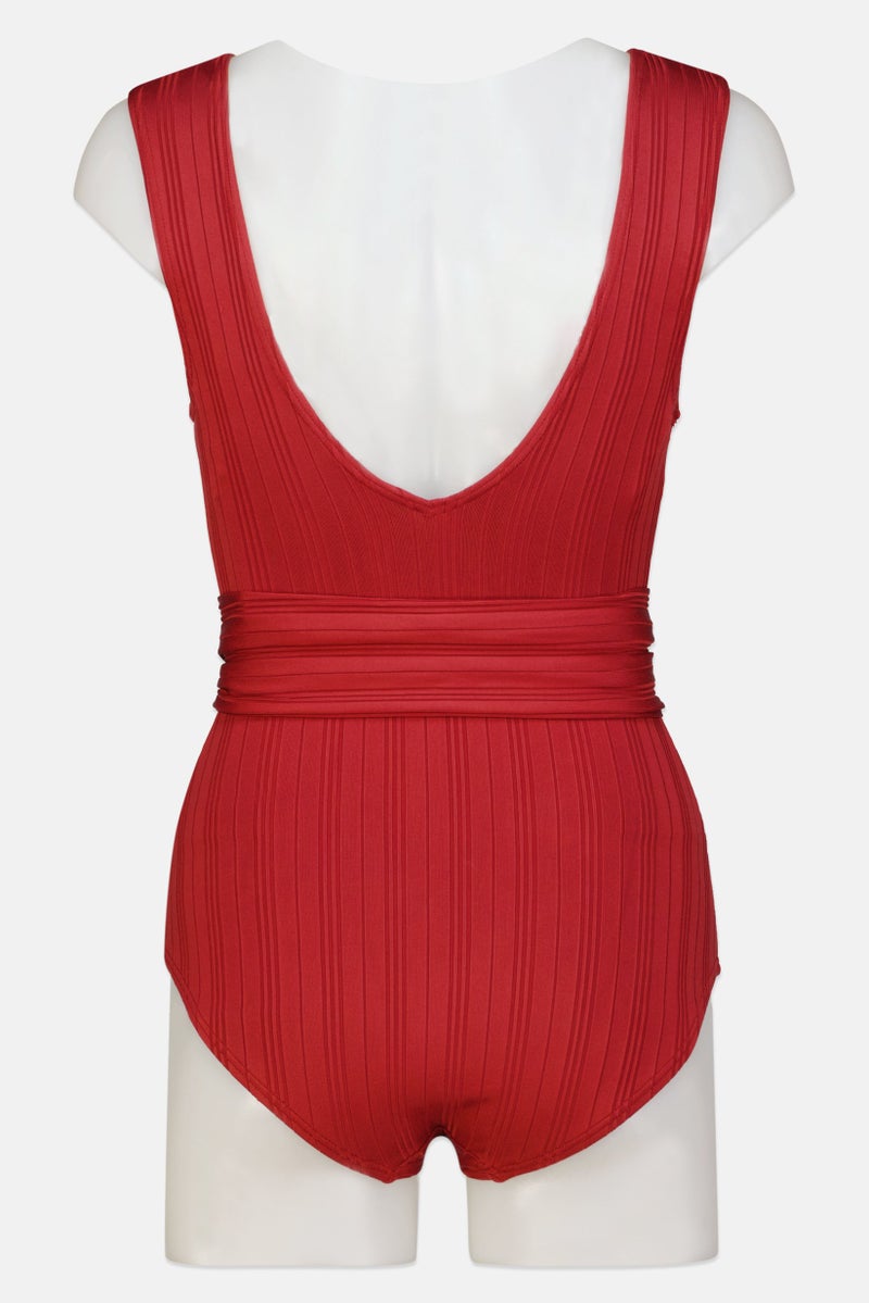 Women One Piece Ribbed Belted Swimwear, Red