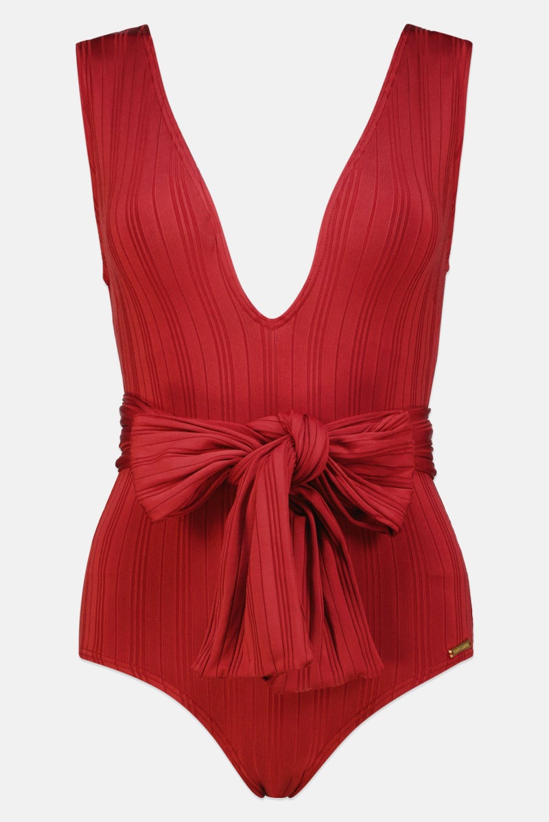 Women One Piece Ribbed Belted Swimwear, Red