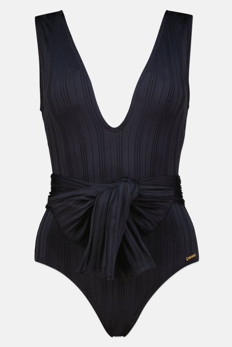 Women One Piece Ribbed Belted Swimwear, Black