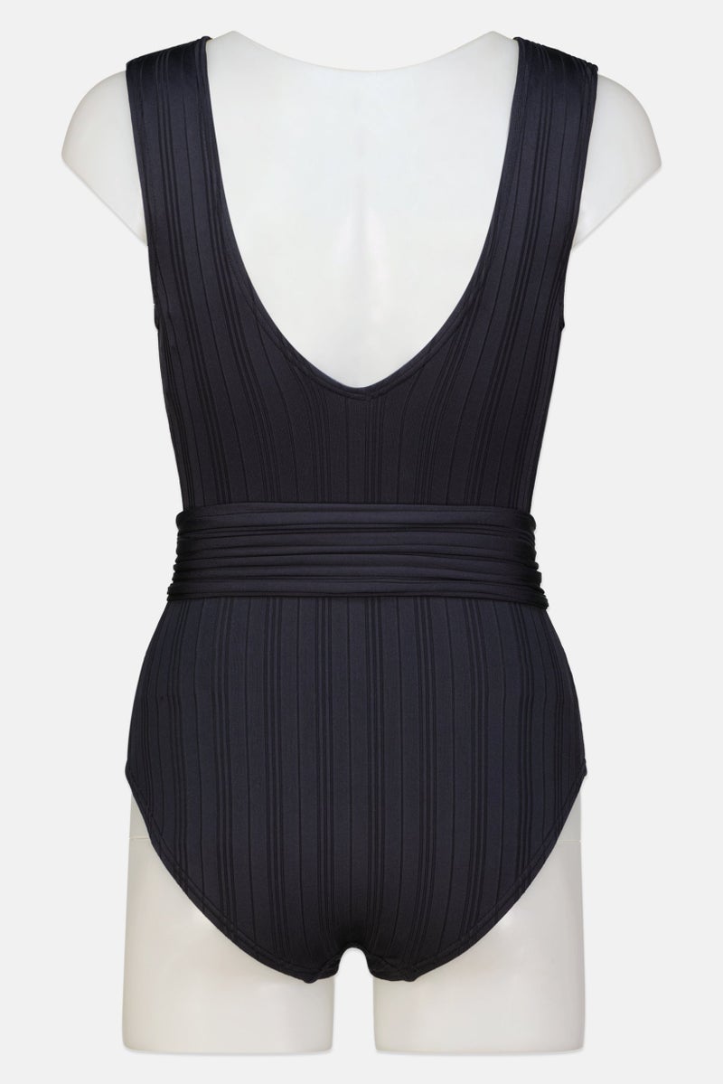 Women One Piece Ribbed Belted Swimwear, Black