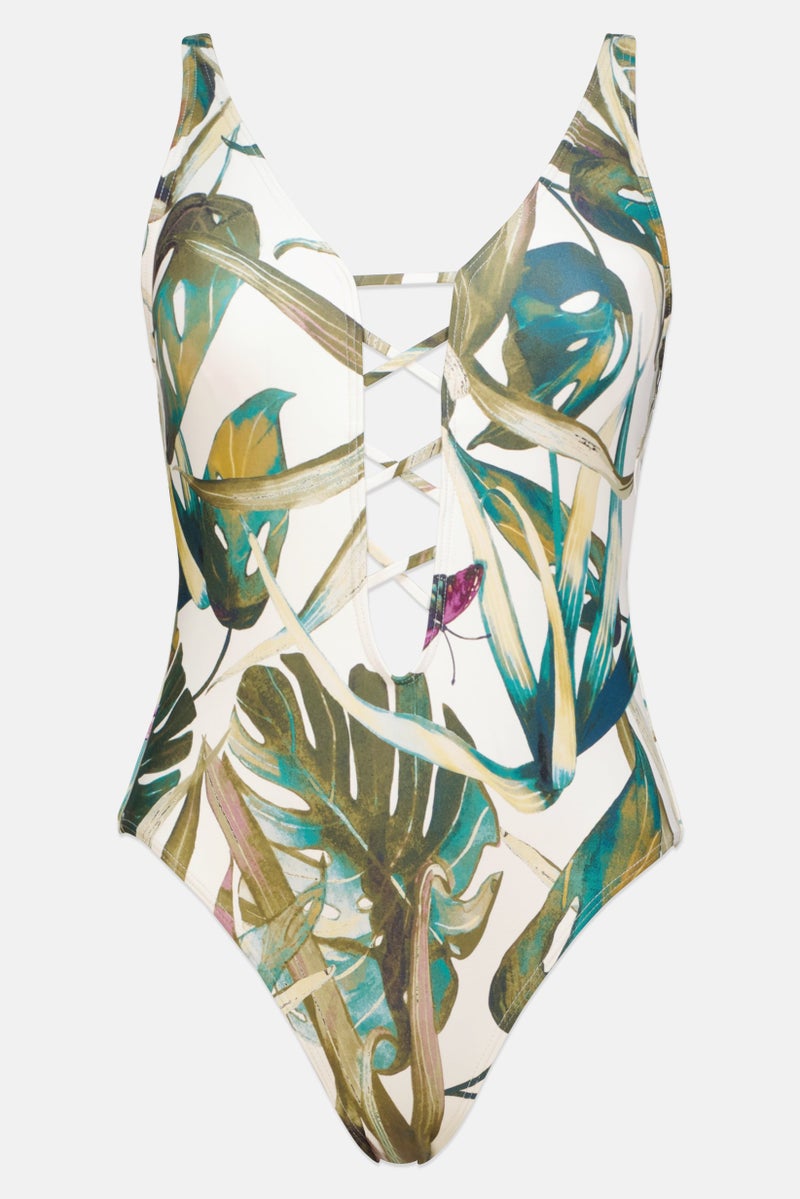 Women Padded One Piece All Over Printed Swimwear, Teal  Blue/White Combo